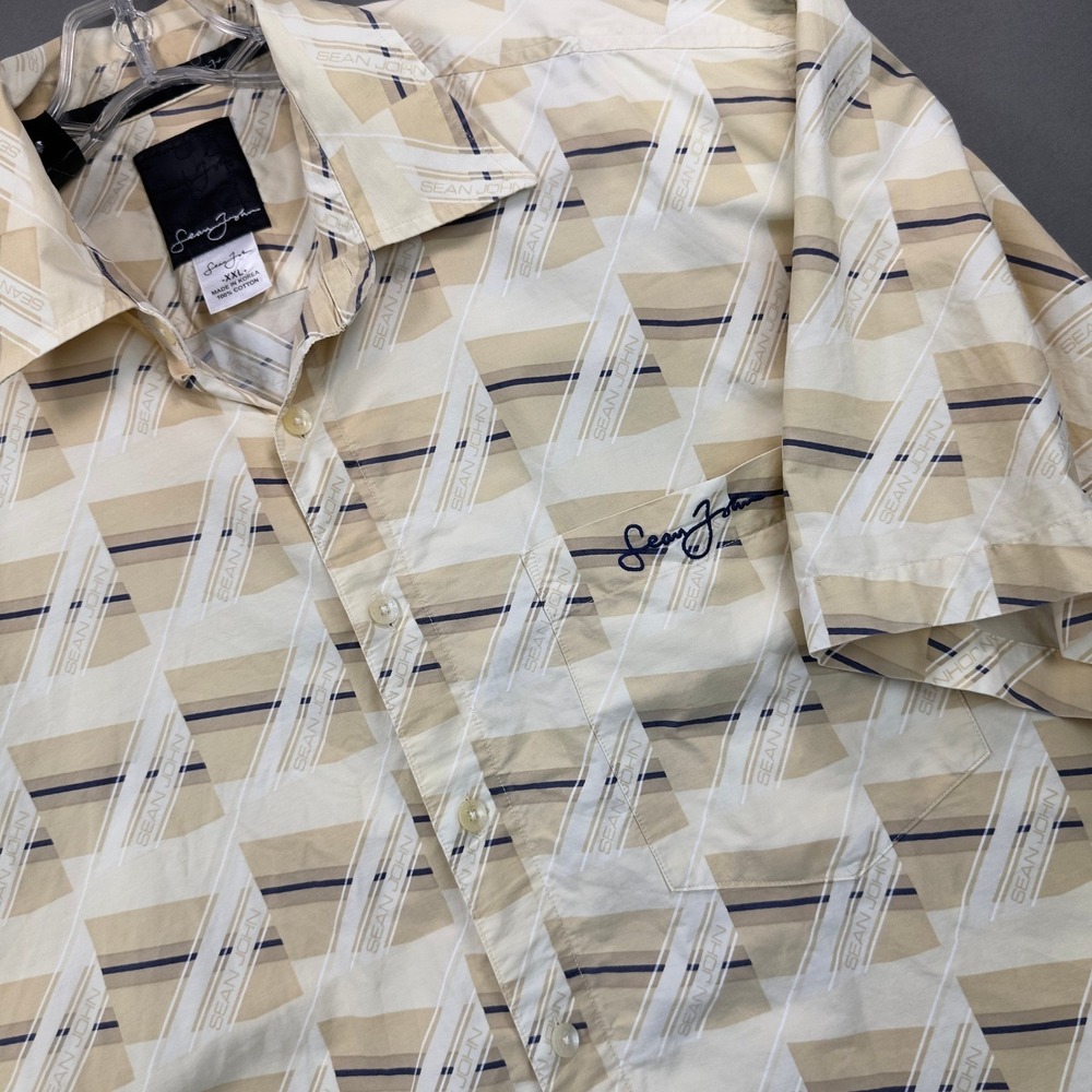 Sean John Button Down Shirt Mens XXL Cream Geometric Logo Y2K Hip Hop Streetwear